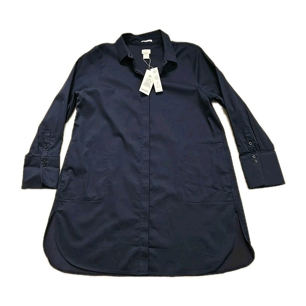 NWT Chico's 2 US 12 Classic Navy No Iron Stretch Maxi Pocket Tunic Office Classi